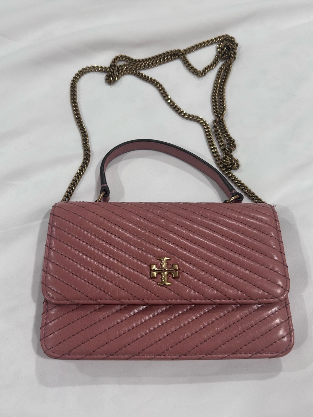 Tory Burch Dusty Rose Quilted Leather Crossbody with Gold Chain